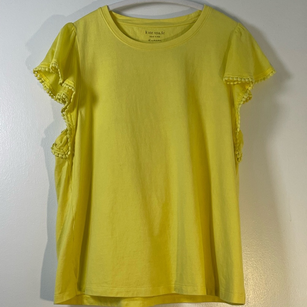 kate spade Yellow Flutter Sleeve Tee with Pom-pom Trim